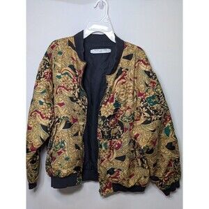 Vintage Reversible Bomber Jacket L Baroque Gold Floral Scroll Scarf Print 80s 90